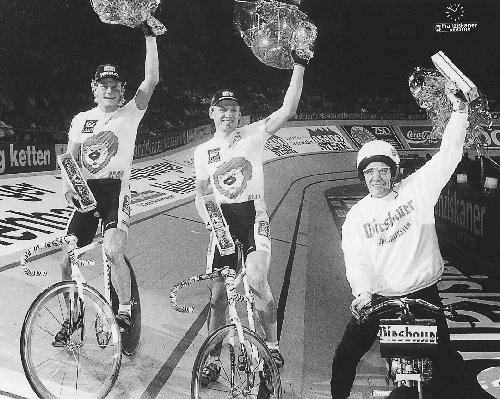 Bruno Risi and Kurt Betschart celebrate a win in a Derny race at Munich